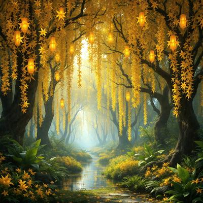 The primary subject of the image is a forest with a pathway leading through it. The setting is a lush, green environment with trees and flowers. The visual style is a digital art or illustration, creating a vibrant and colorful atmosphere. The dominant colors are yellow and green, with the pathway being illuminated by a yellow glow. The overall mood of the image is serene and inviting, as it showcases the beauty of nature.